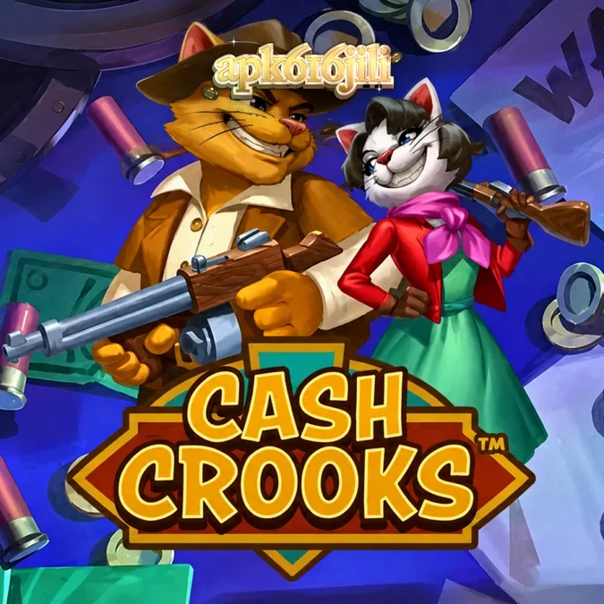 Tampilan layar utama slot Cash Crooks dengan karakter kucing perampok dan mekanisme Vault Dial.